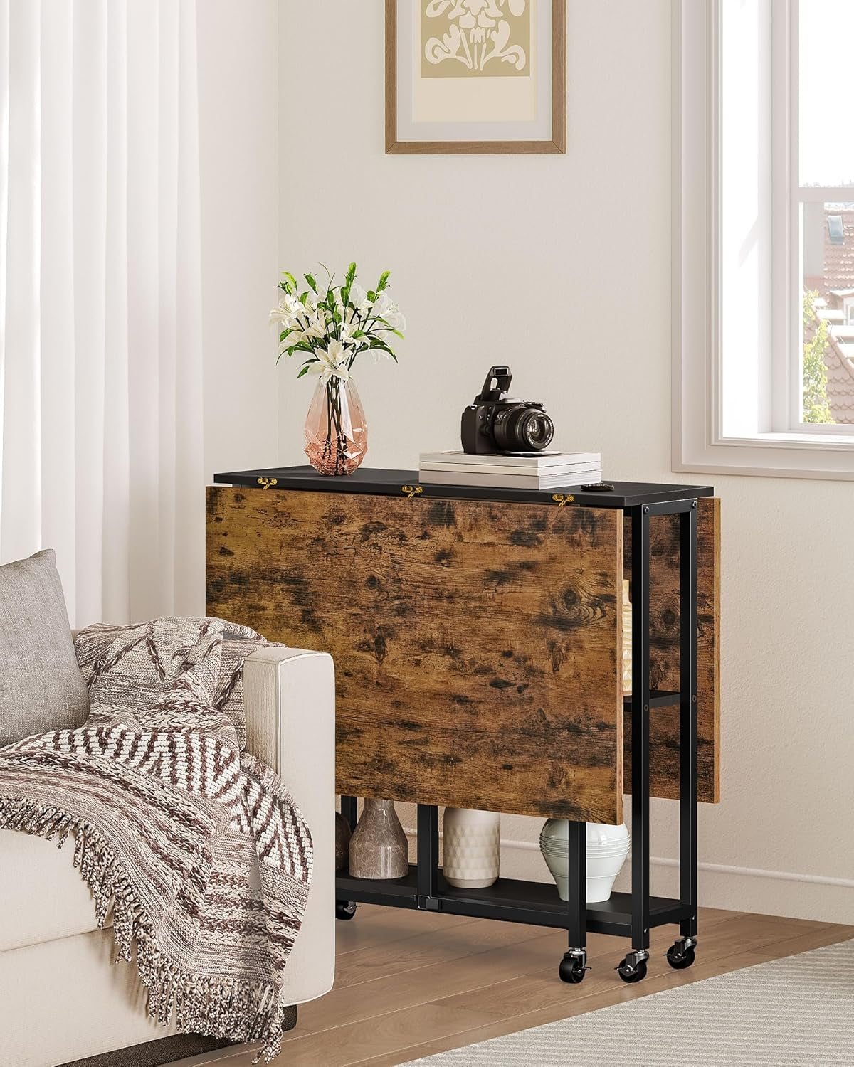 Folding Dining Table, Movable Dining Table, Expandable Kitchen Table, Versatile Table with 6 Wheels and 2-Tier Shelf, for Dining, Living Room, Apartment, Rustic Brown TCZ01BF-3