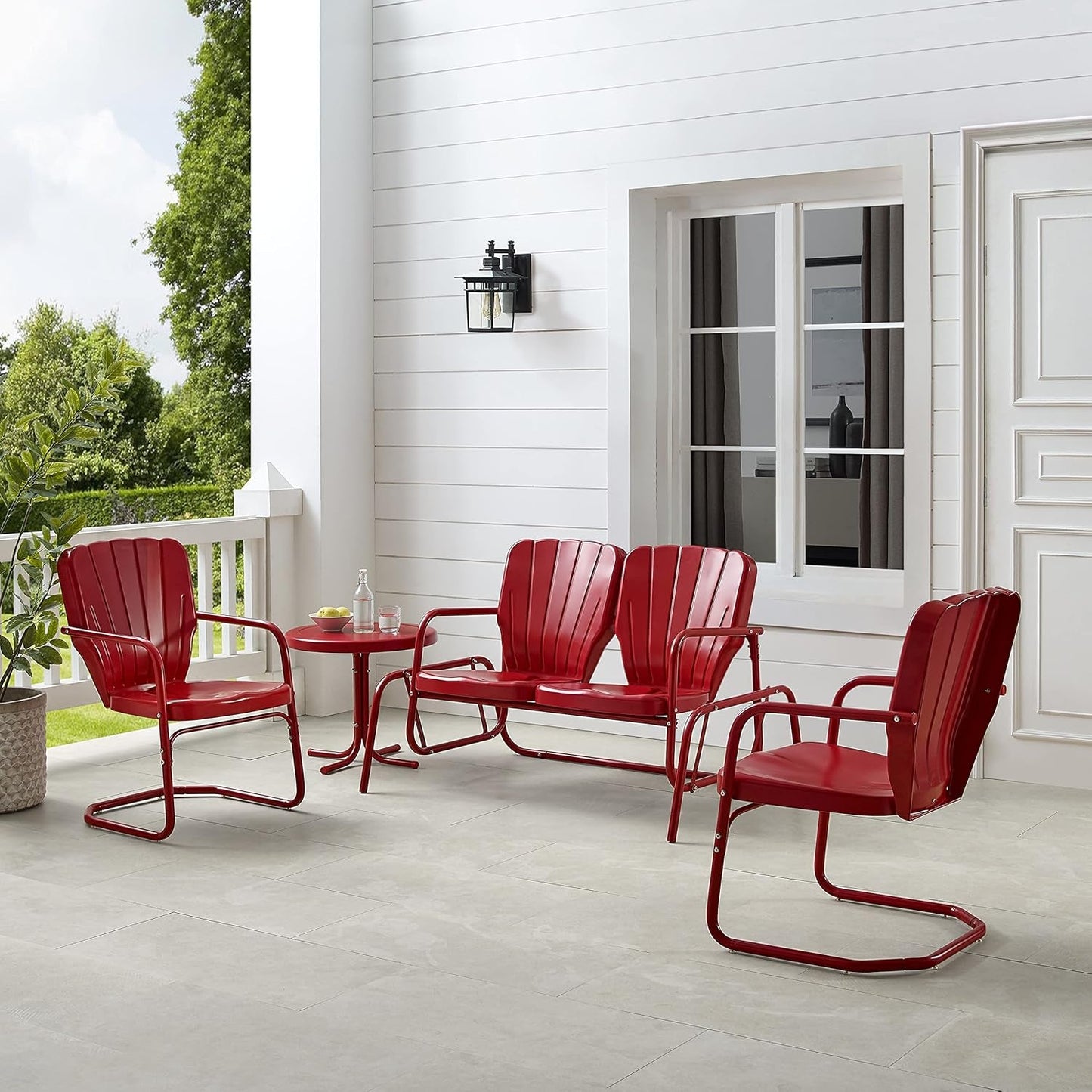 Ridgeland 4-Piece Retro Metal Outdoor Loveseat Glider Patio Furniture Set for Porch, Deck, Bright Red Gloss-4