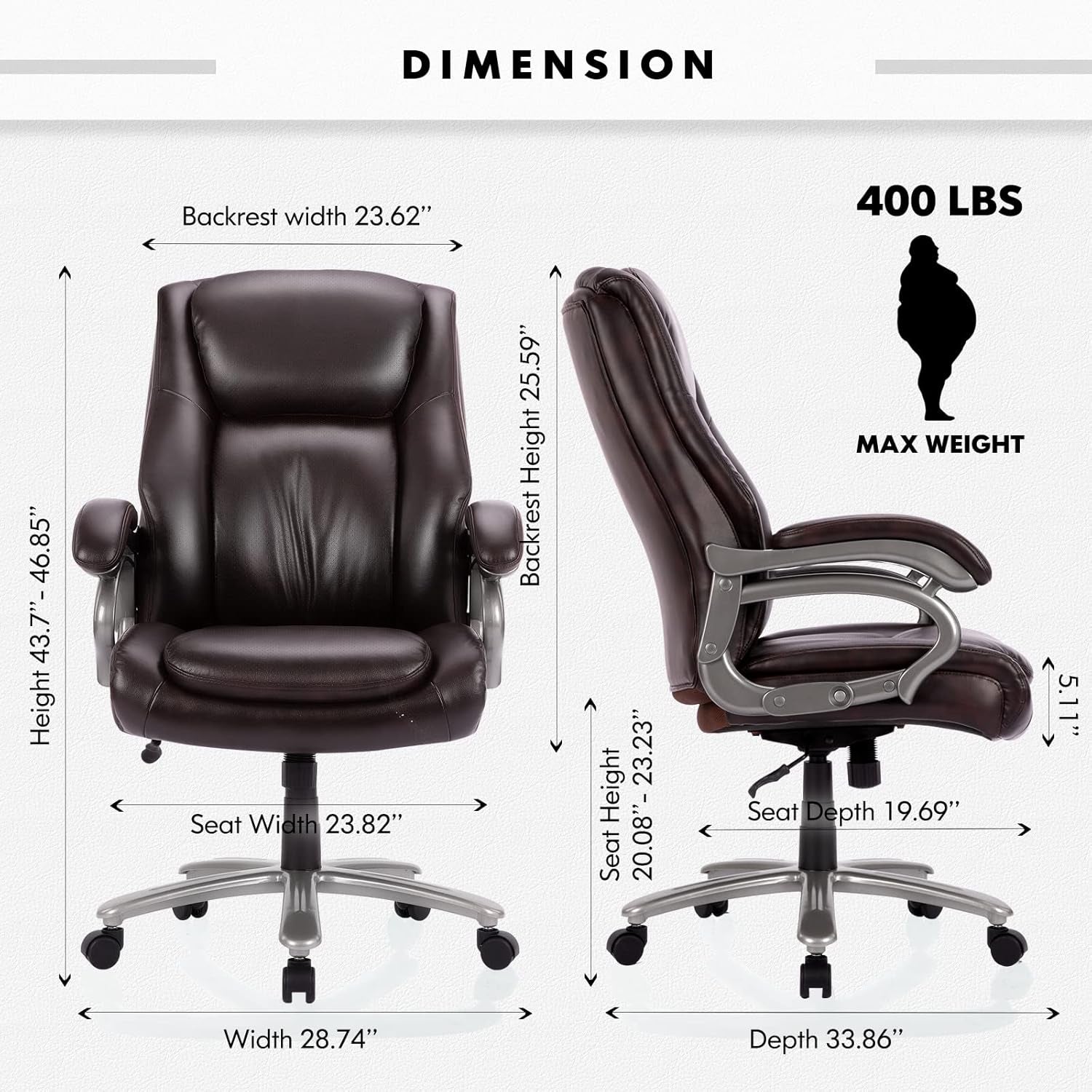 Big and Tall Office Chair 400Lbs, High Back Heavy Duty Executive Computer Desk Chair with Metal Base, Back Support for Heavy People-Brown-2