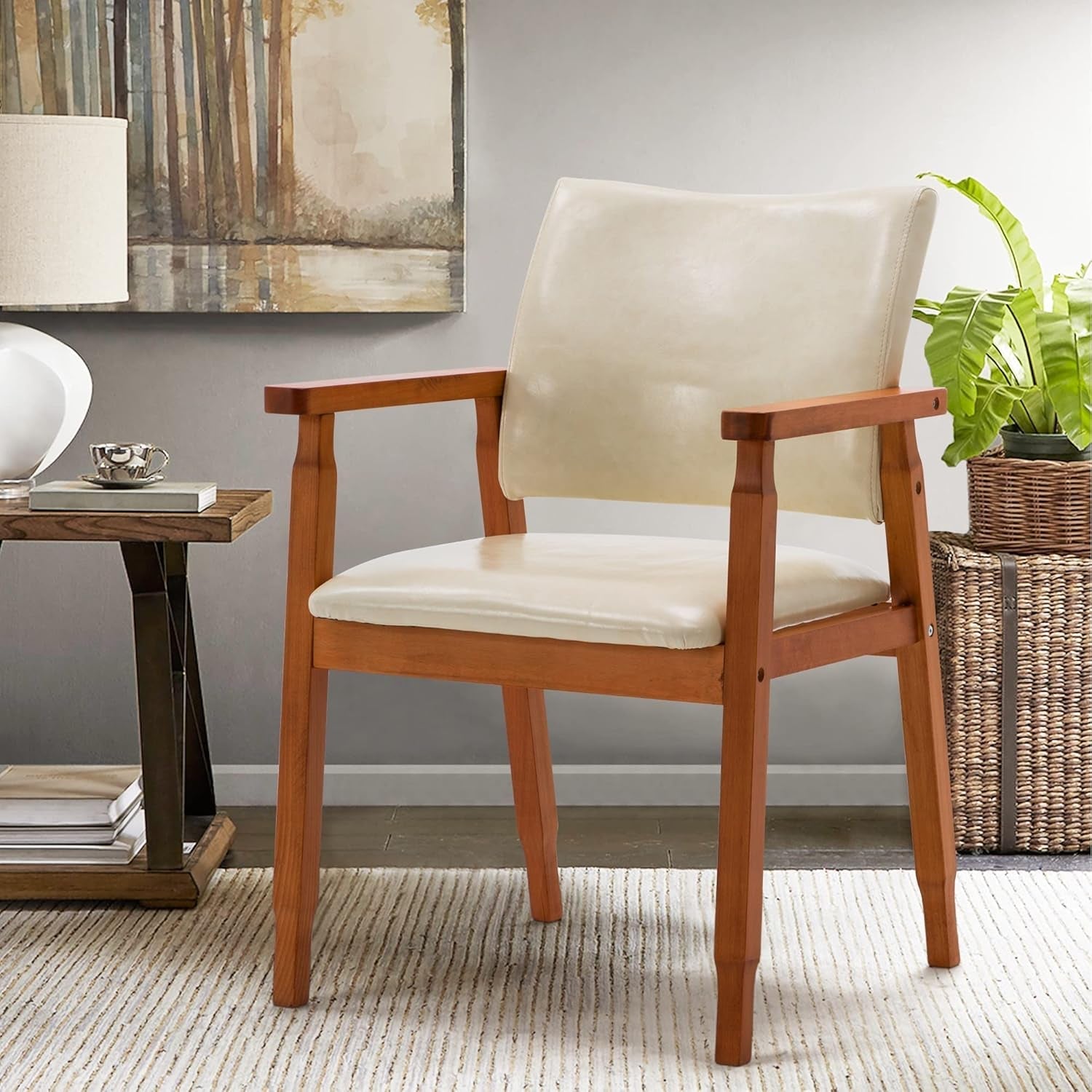 NOB Mid-Century Dining Side Chair with Faux Leather Seat in Beige, Handrail Chair-0