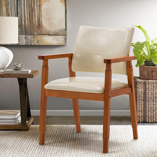 NOB Mid-Century Dining Side Chair with Faux Leather Seat in Beige, Handrail Chair-0