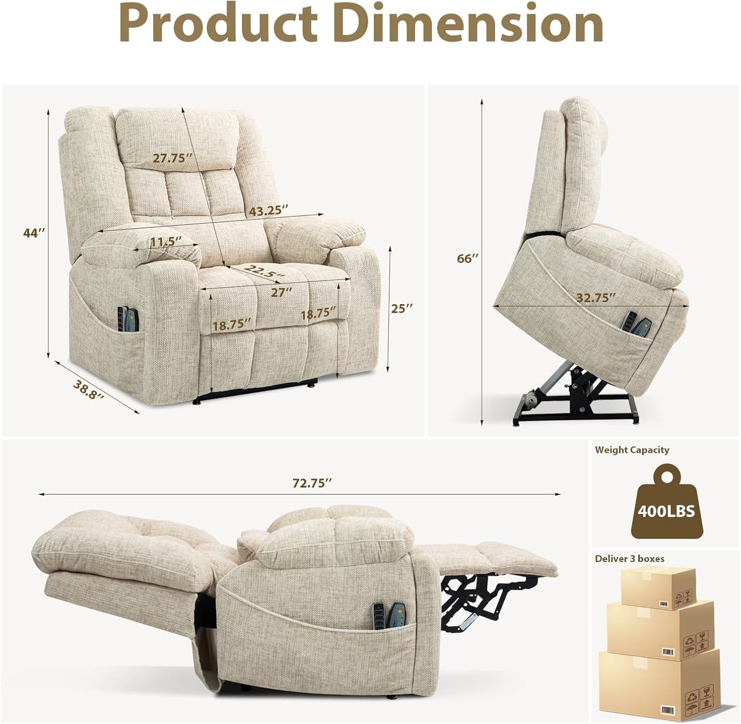 Power Lift Recliner Chair for Elderly with Massage and Heat, 4-Motor Adjustable Headrest, Backrest, Lumbar and Footrest, Equipped with 2 Hidden Cup Holders and 2 Remote Controls, Cream White-2