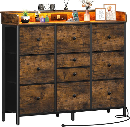 Dresser for Bedroom with Charging Station and LED Lights, Tall Dresser TV Stand with 10 Storage Drawers,Fabric Dressers & Chests of Drawers,Wood Dresser for Bedroom Closet Organizer,Brown-0