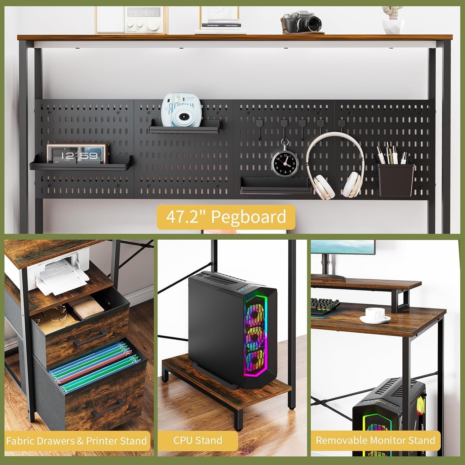 L Shaped Desk with Pegboard, Reversible Computer Desk with Drawers & Storage Shelves, Gaming Desk with LED Lights & Power Outlets, Office Desk with Monitor Stand Corner Desk Home Office Desks-4