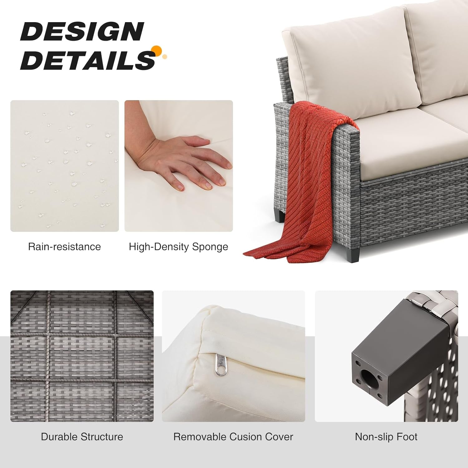 6 PCS Patio Furniture Set, Outdoor Wicker Conversation Sectional Sofa Couch Furniture Sets with Ottomans for Garden Balcony Backyard, Gray/Beige (Gray Rattan Beige Cushions, 6 Pieces Set)-3