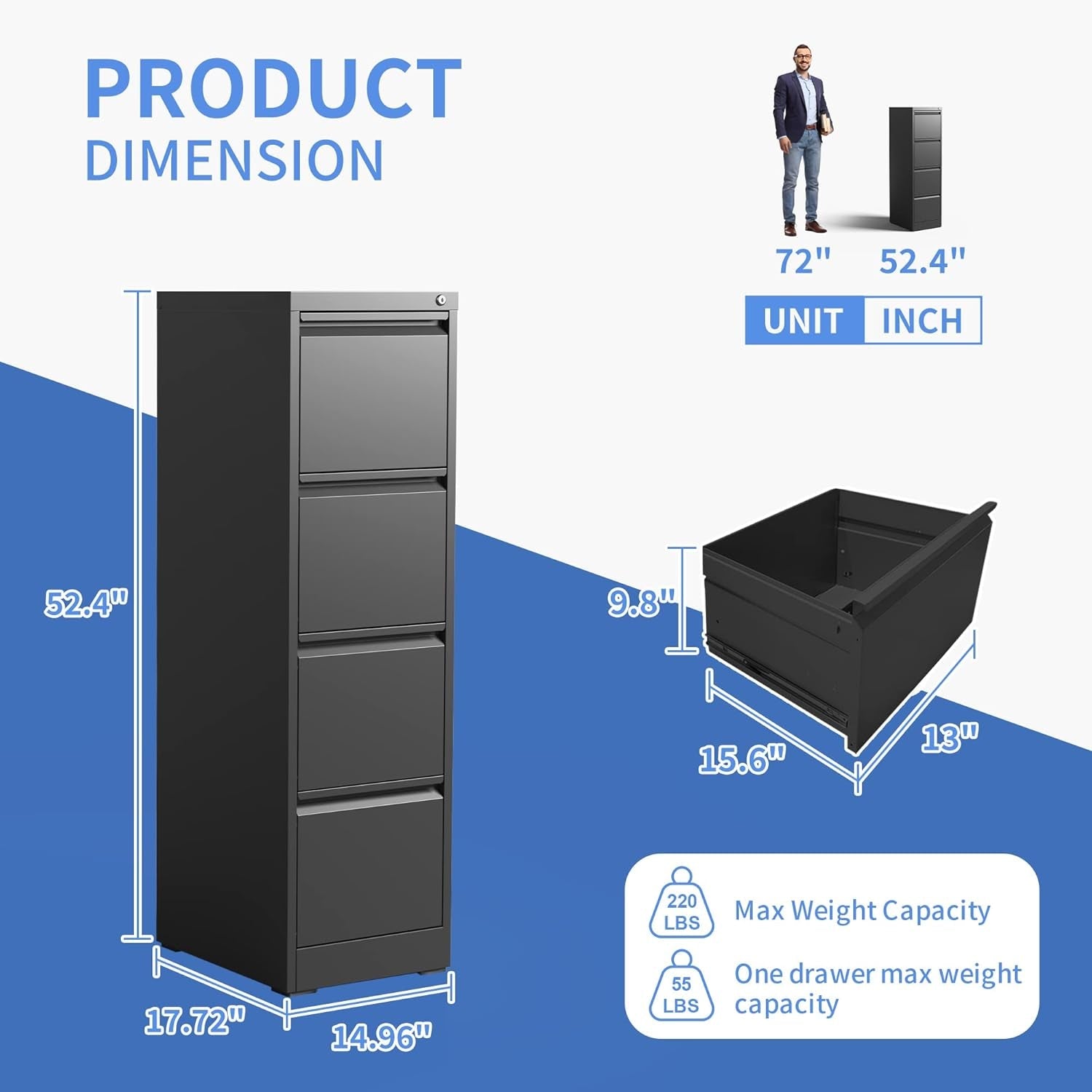 4 Drawer File Cabinet for Home Office, Vertical File Cabinet with Lock, Locking File Cabinet Hanging Files for A4/ Legal/Letter, Require Assembly, Black-2