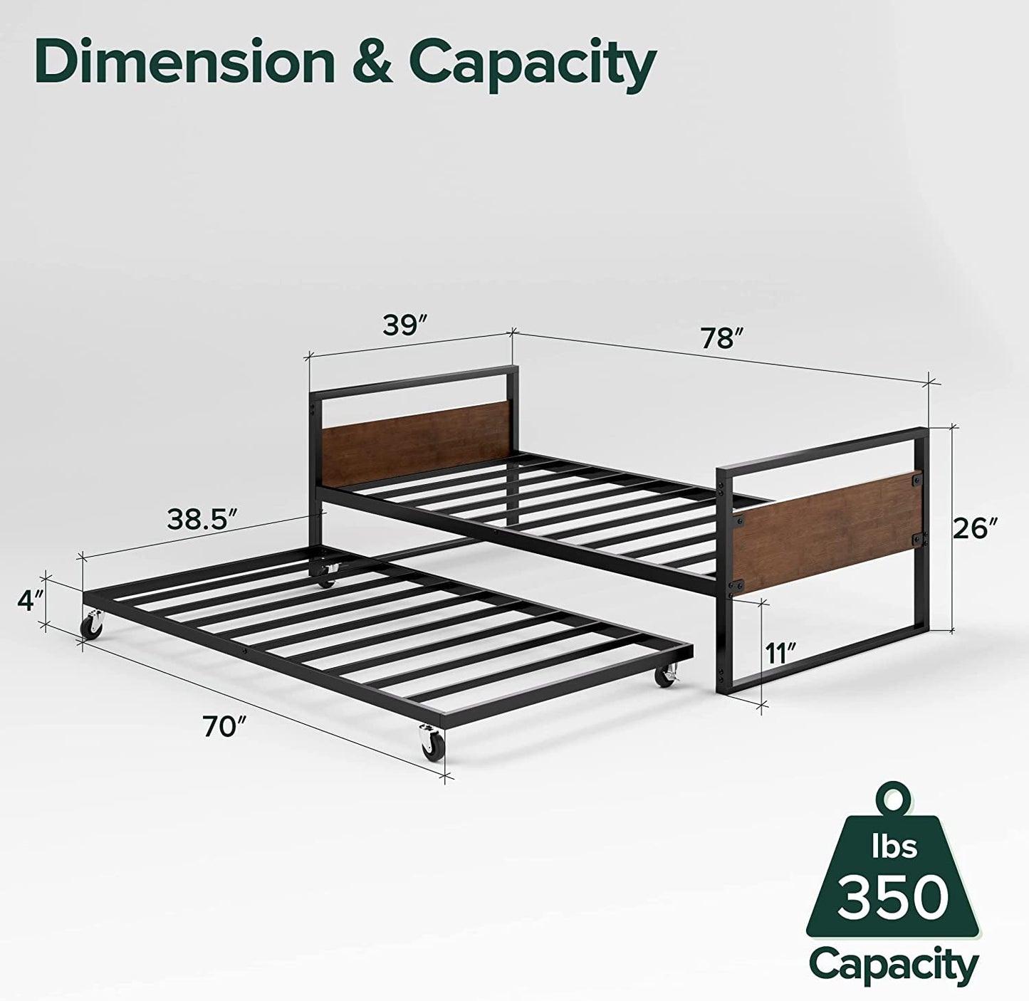 Twin over Full Metal Bunk Beds with Trundle Bed, Black-2