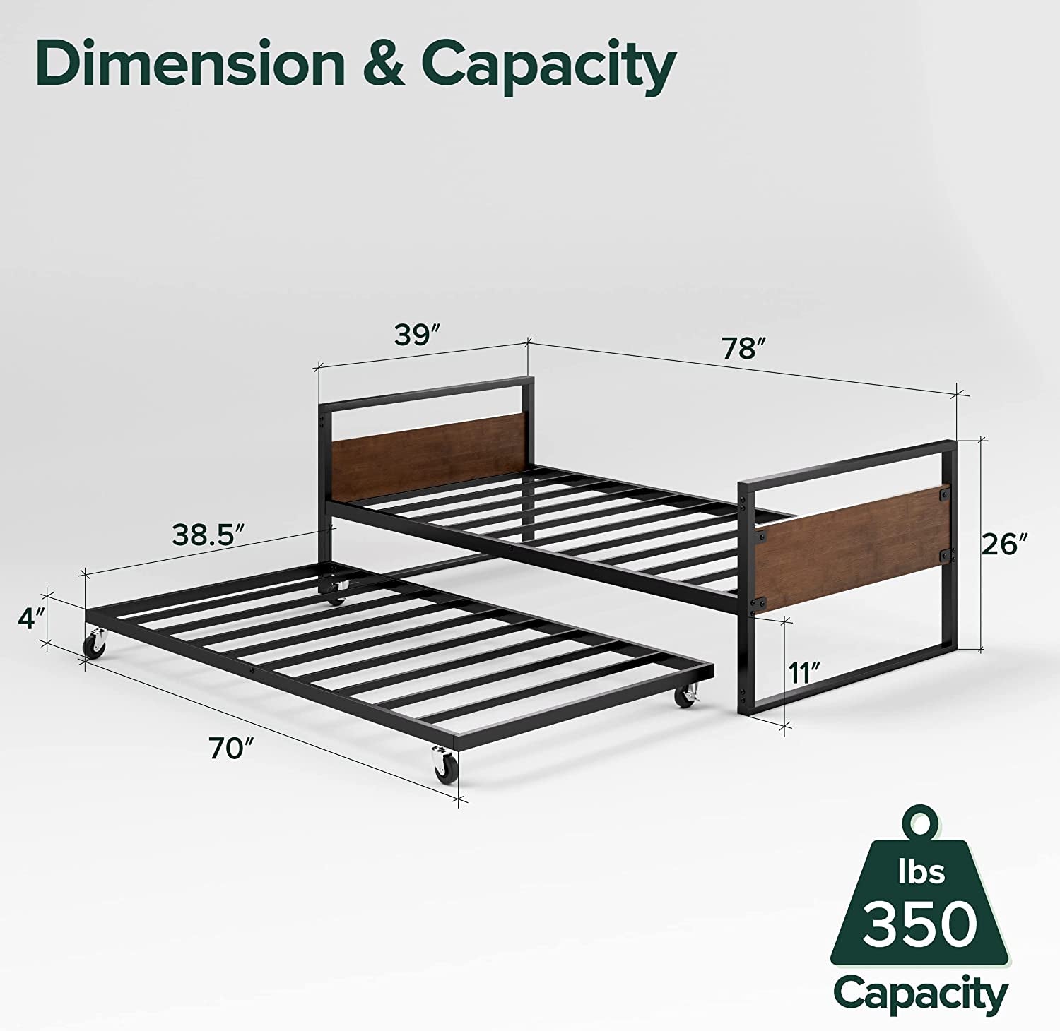 Twin over Full Metal Bunk Beds with Trundle Bed, Black-2