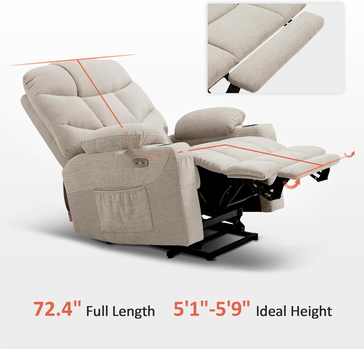 Power Lift Recliner Chair with Extended Footrest for Elderly People, Fabric 7287 (Oatmeal, Medium-Regular)-4