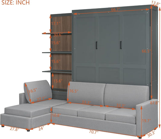 Queen Size Murphy Bed with Sofa and Shelves Gray-1