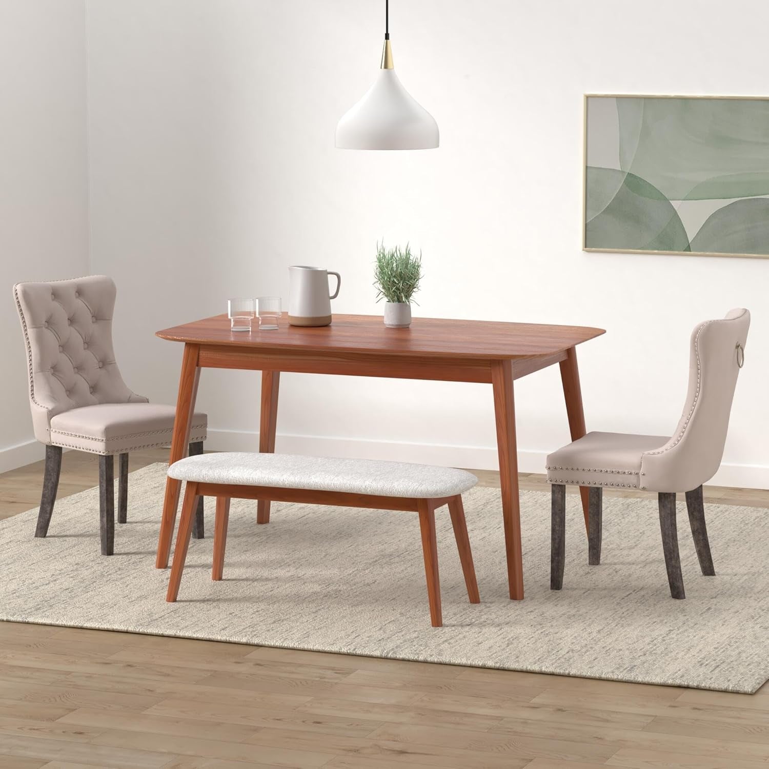 Velvet Upholstered Dining Chairs Set of 4, Wingback Dining Room Chairs with Ring Pull Trim and Button Back, Luxury Tufted Dining Chair for Living Room, Bedroom, Kitchen (Beige)-1