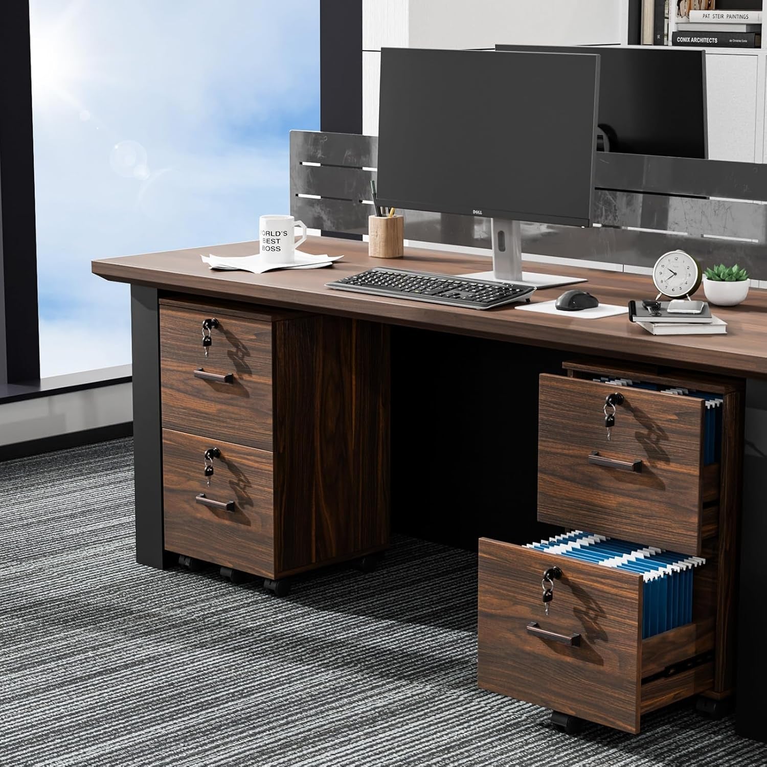 2 Drawer File Cabinet with Lock, Wood Dark Brown File Cabinet for Letter Size File Folders with Tabs, under Desk Rolling File Cabinets for Home Office, Mobile Filing Cabinet Printer Stand-1