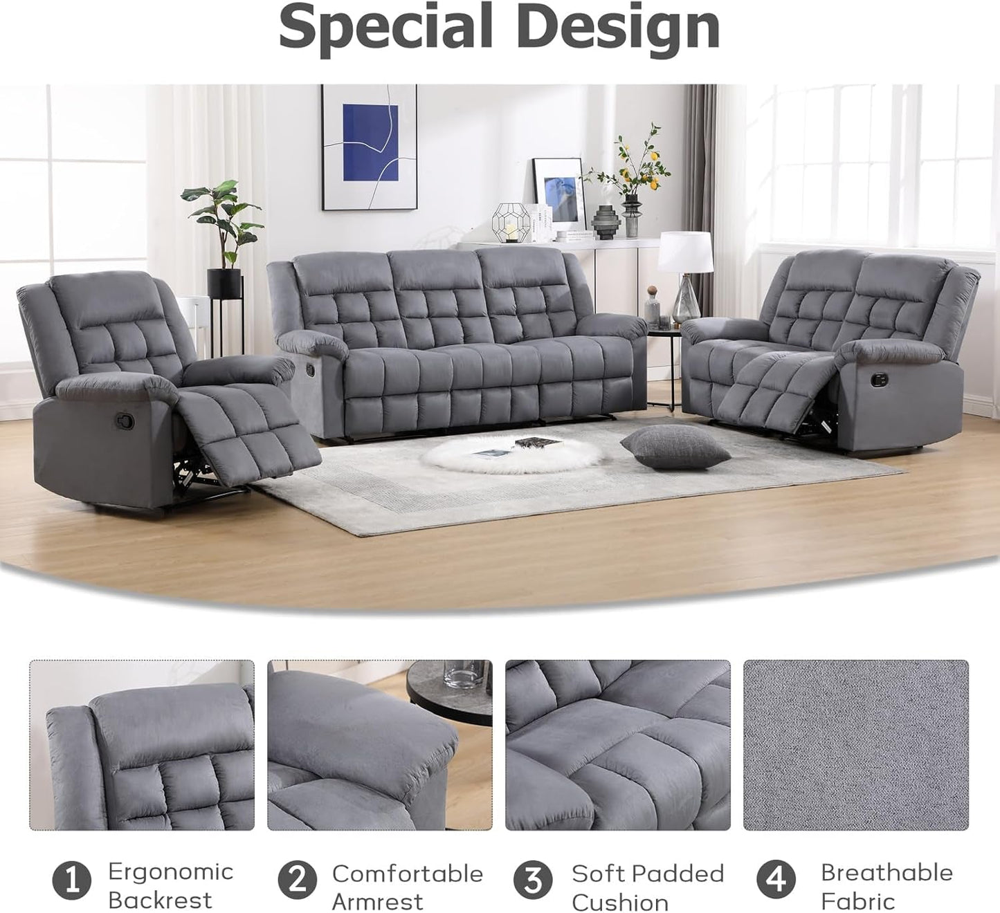 Manual Reclining Couch Sofa Set for Living Room, Include 1 Recliner Chair, 1 Loveseat Recliner Sofa and 1 3-Seat Reclining Sofa for Office, Grey (Recliner+Loveseat+Sofa)-2