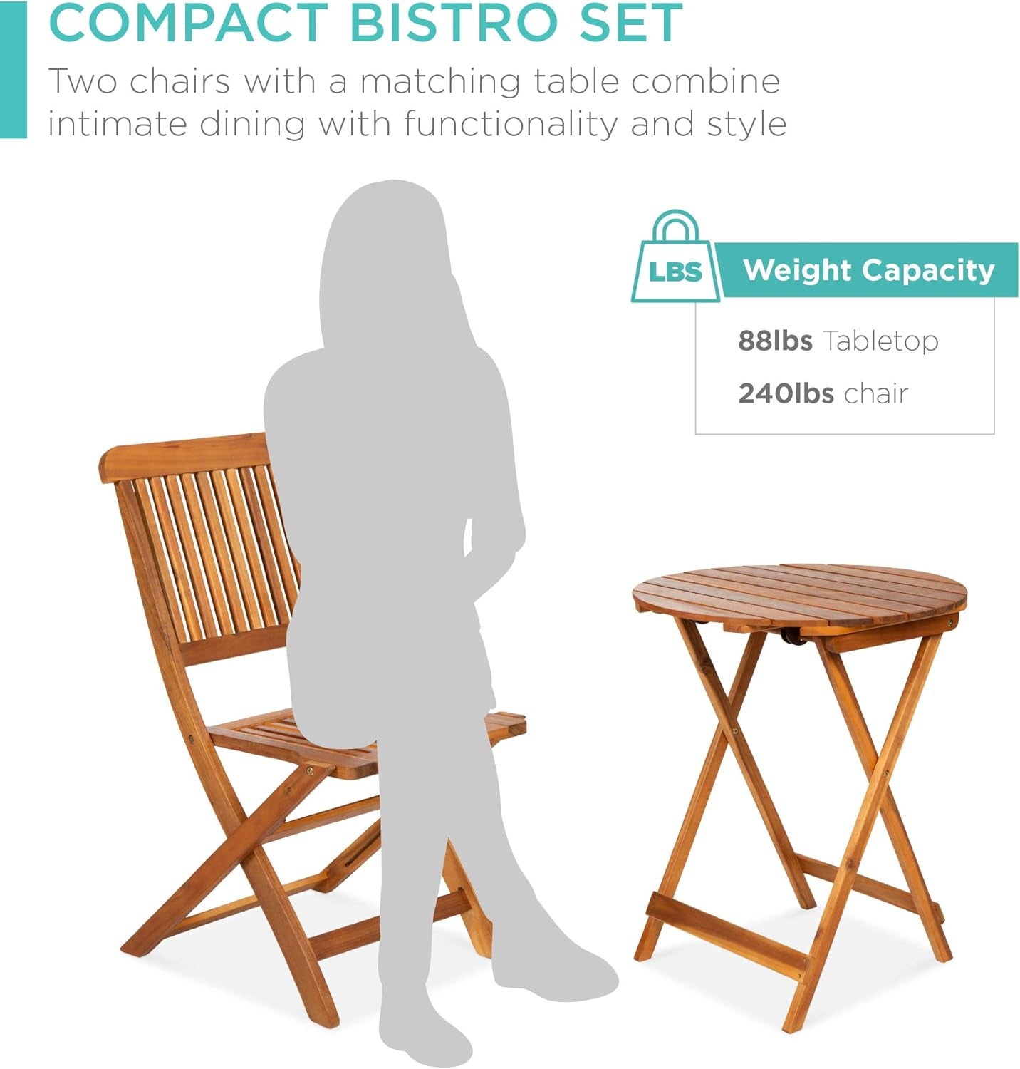 3-Piece Acacia Wood Bistro Set, Folding Patio Furniture for Backyard, Balcony, Deck W/ 2 Chairs, round Coffee Table, Teak Finish - Natural-4