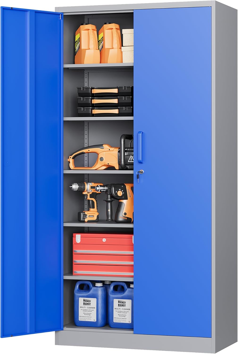 Metal Garage Storage Cabinet with Lock, 71" Steel Lockable File Cabinet, Locking Steel Storage Cabinet with 5 Adjustable Shelves for Home, Office, Garage, Warehouse (Blue Grey, 2 Door - 71" H)-0