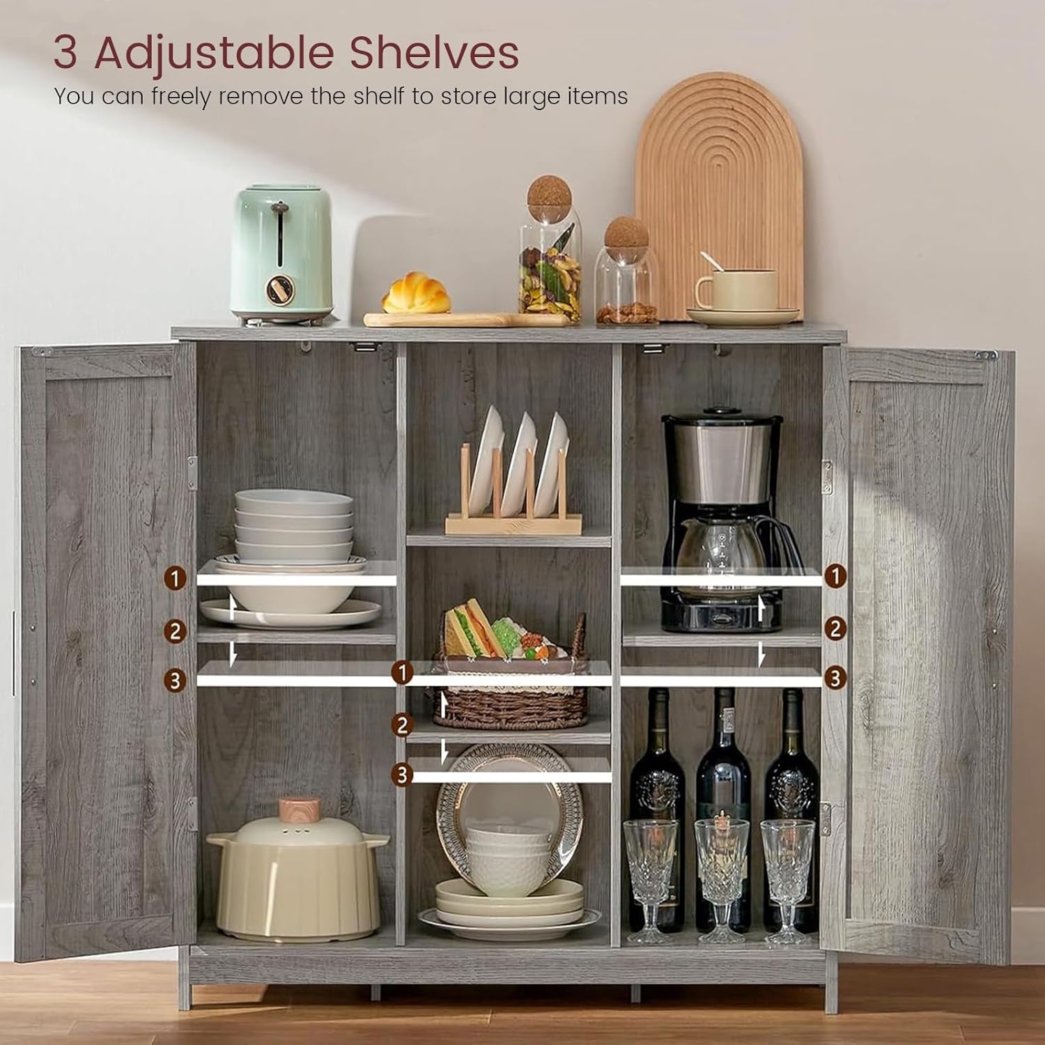 Storage Cabinet with 2 Doors and 4 Adjustable Shelves, Buffet Cabinet with Storage, Floor Cabinet for Living Room, Entryway, Kitchen, Grey-3