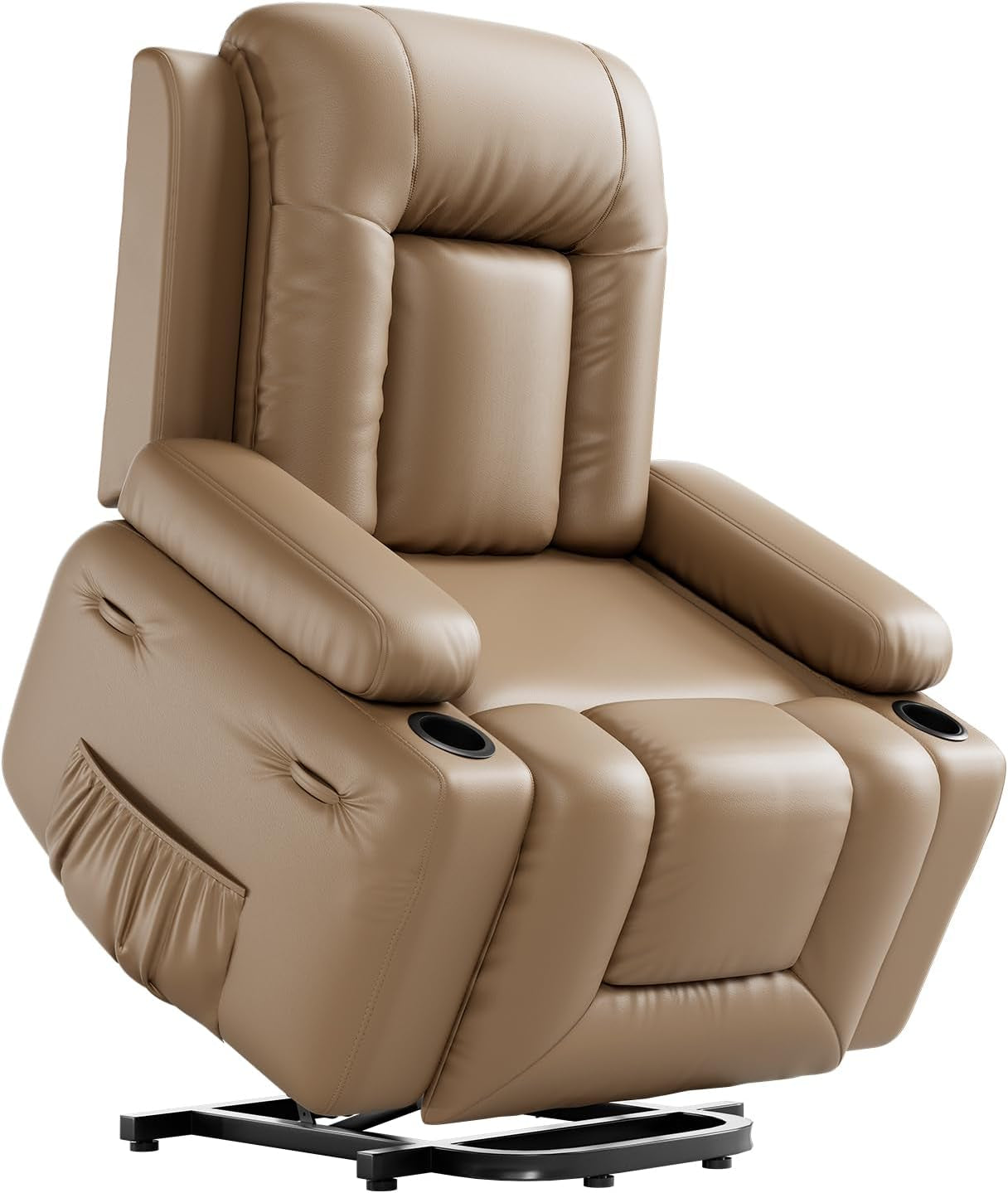 Power Lift Recliner Chair PU Leather with Massage for Elderly Ergonomic Lounge Chair Classic Single Sofa with 2 Cup Holders Side Pocket (Earthy Yellow, 22" Seat Width + Cup Holder)-0