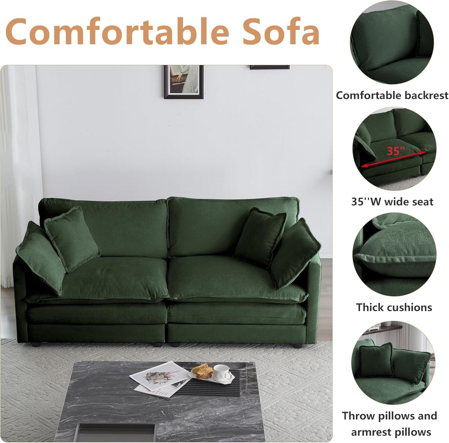 Luxury 2 Piece Loveseat Couch & Sofa Armchair Set, Modern Upholstered Chenille Cloud Couches Set Furniture with 5 Pillow for Living Room Bedroom Office Apartment, Evergreen-2