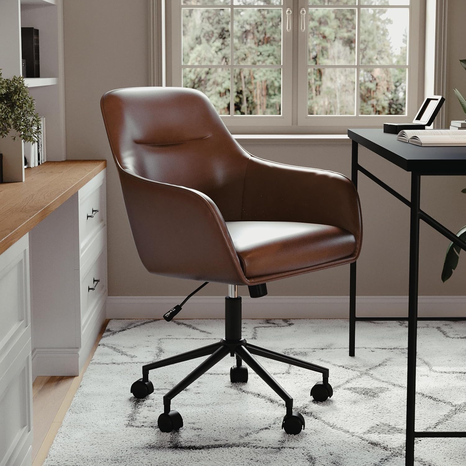 Rayna Swivel Task Chair with Flared Arms for Home Office in Saddle Brown Faux Leather with Oil Rubbed Bronze Frame-3