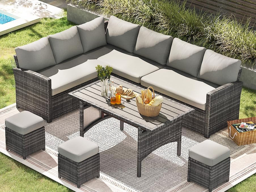 7 Pieces Patio Furniture Set, Outdoor Sectional Sofa Conversation Set, All Weather Wicker Rattan Dining Table & Chair with Ottoman, Grey Rattan&Grey Cushion-1