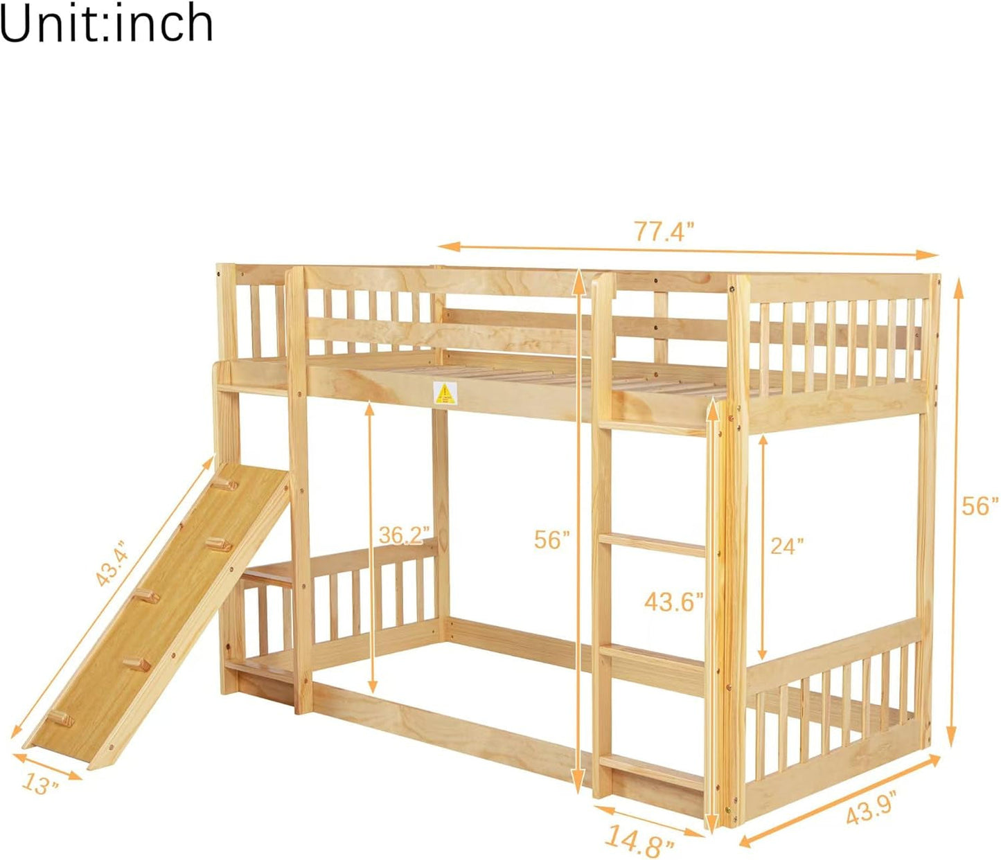 Twin over Twin Bunk Bed, Solid Wood Loft Bed Frame with Climbing Ramp and Ladder, Stable Bunk Bed with Guardrail, Modern Floor Bed for Teens and Adults, Easy to Assemble, Natural-1