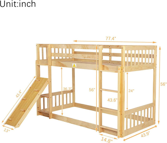 Twin over Twin Bunk Bed, Solid Wood Loft Bed Frame with Climbing Ramp and Ladder, Stable Bunk Bed with Guardrail, Modern Floor Bed for Teens and Adults, Easy to Assemble, Natural-1
