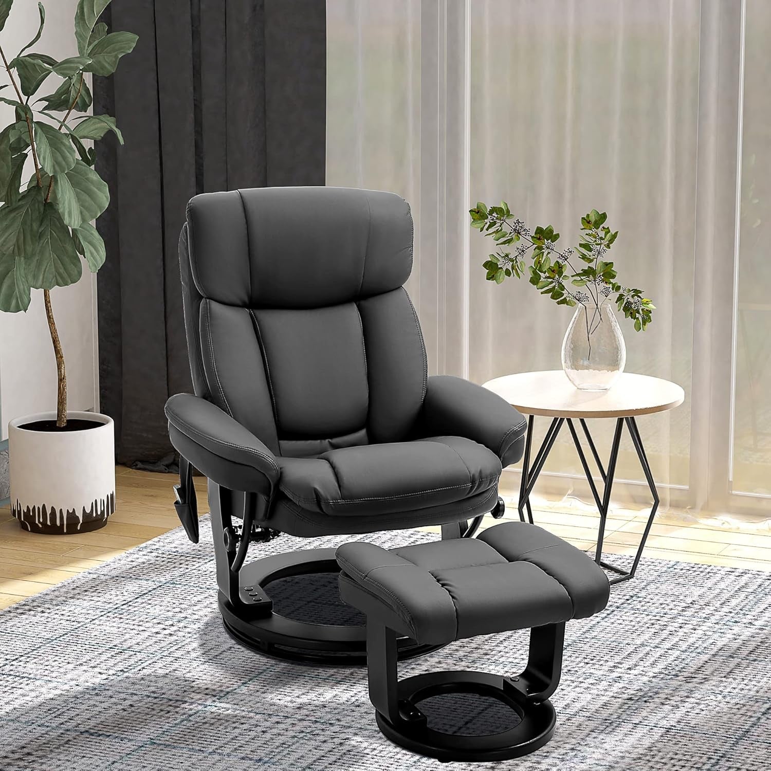 PU Leather Massage Recliner Chair with Ottoman 10 Point Vibration Swiveling Armchair, Black-1