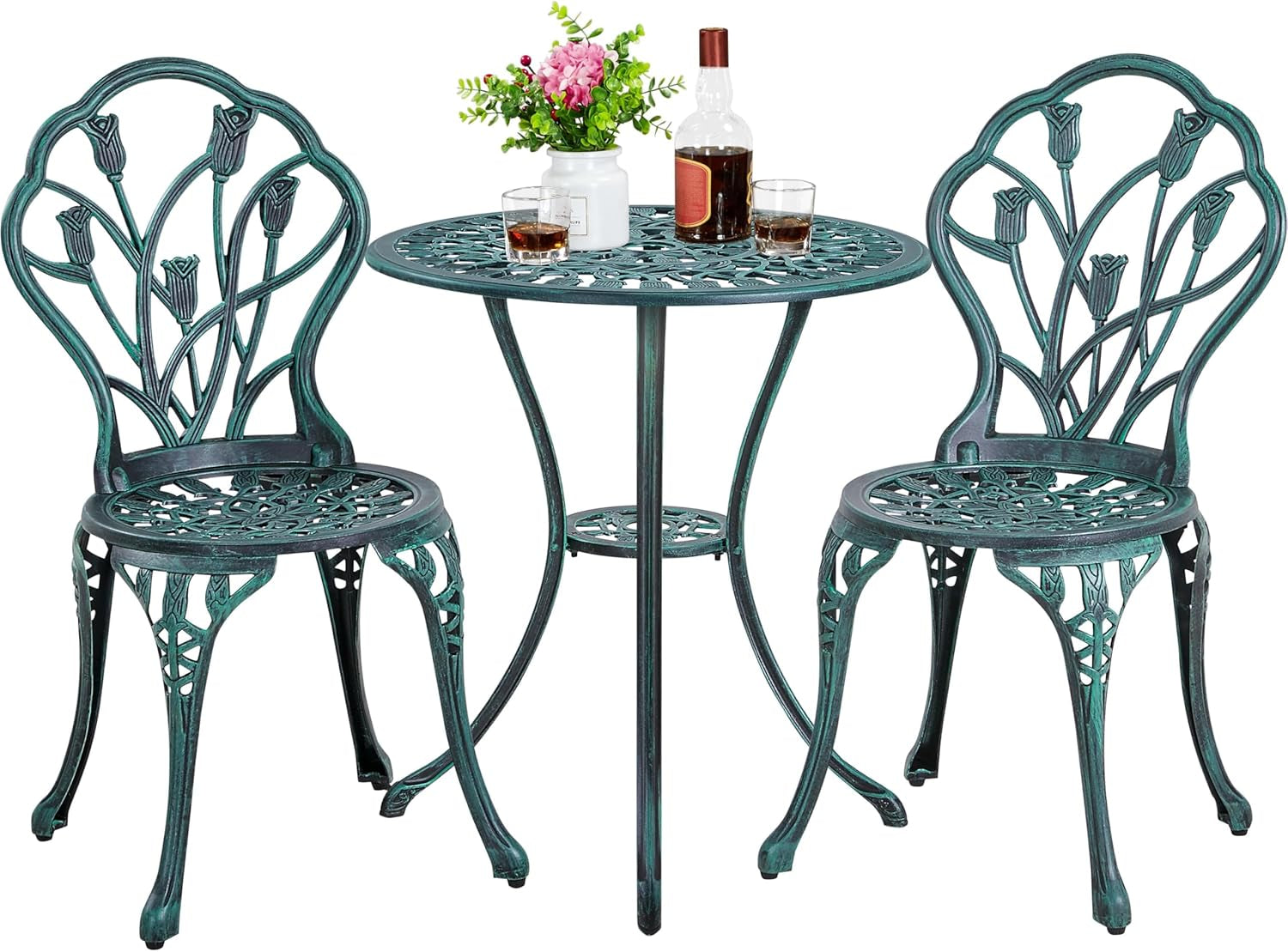 Patio Bistro Sets 3 Piece Cast Aluminum Bistro Table and Chairs Set, Cast Aluminum Bistro Table and Chairs Set of 2 with Umbrella Hole for Patio Backyard Balcony, Green-0