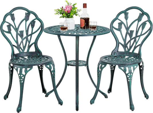 Patio Bistro Sets 3 Piece Cast Aluminum Bistro Table and Chairs Set, Cast Aluminum Bistro Table and Chairs Set of 2 with Umbrella Hole for Patio Backyard Balcony, Green-0