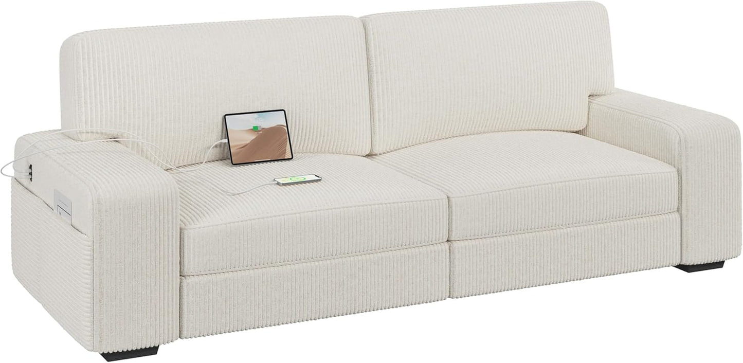 Sofa Modern Sofa Couch 2 Seater Corduroy Fabric Sofa with USB Charging Ports & Side Storage Pockets for Living Room Apartment, Ivory-0