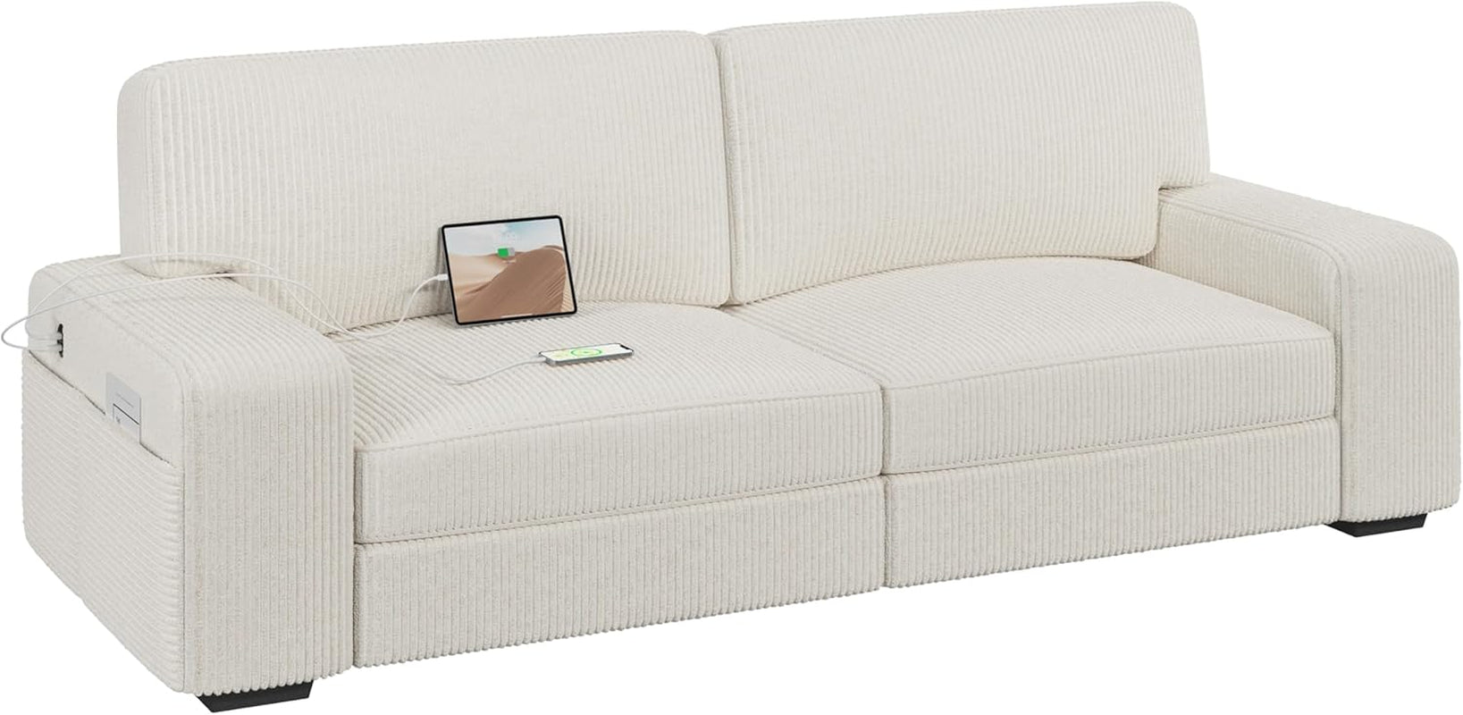 Sofa Modern Sofa Couch 2 Seater Corduroy Fabric Sofa with USB Charging Ports & Side Storage Pockets for Living Room Apartment, Ivory-0