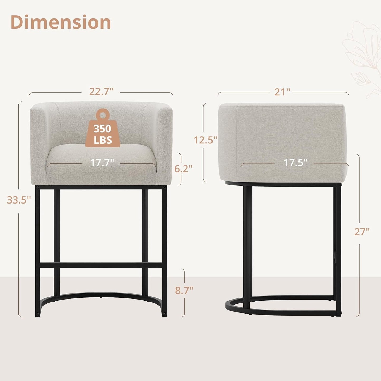 27" H Counter Height Bar Stools, Modern Barrel Counter Stools with Backrest and Arms, Black Metal Frames, Linen Fabric Upholstered Accent Barstools for Kitchen Island, Light Gray-1