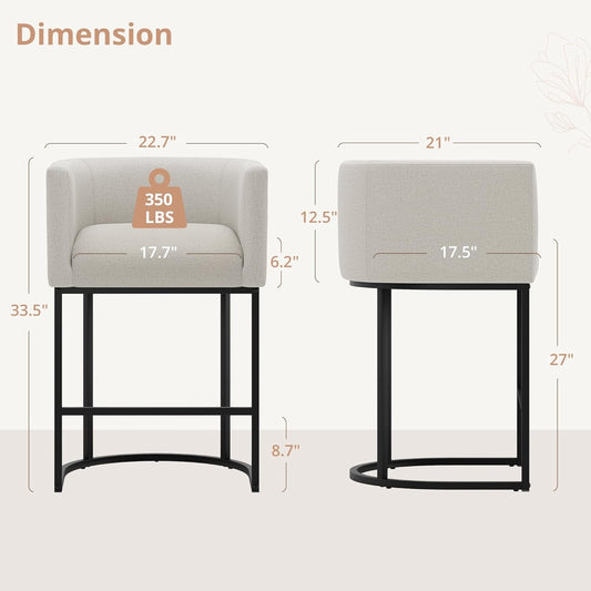 27" H Counter Height Bar Stools, Modern Barrel Counter Stools with Backrest and Arms, Black Metal Frames, Linen Fabric Upholstered Accent Barstools for Kitchen Island, Light Gray-1