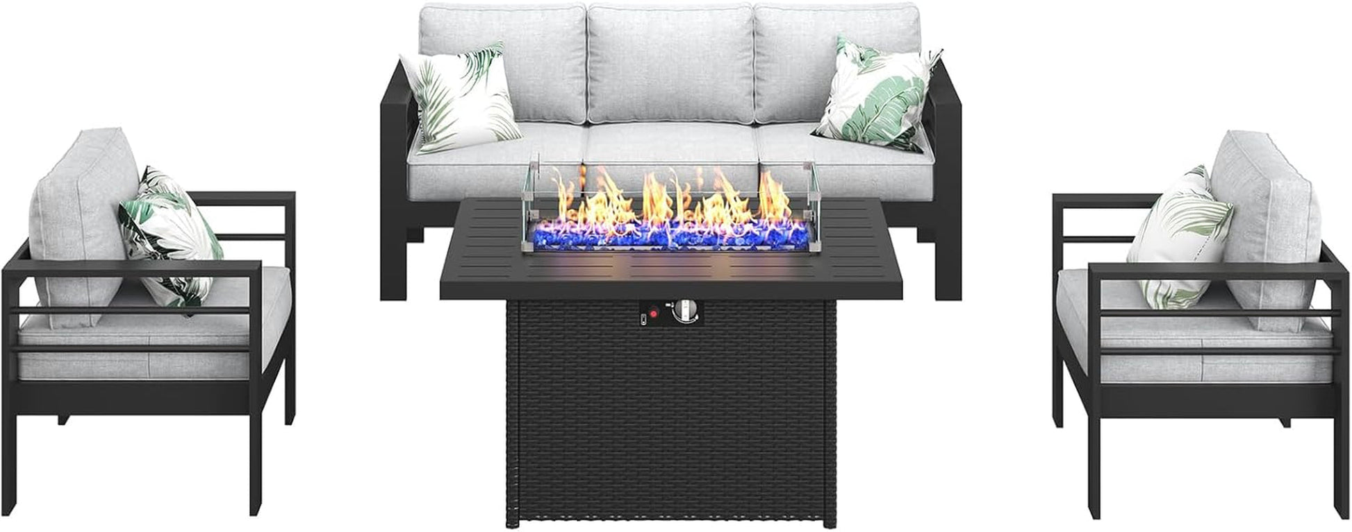 Aluminum Furniture Set with Fire Pit Table, 4 Pieces Patio Sectional Conversation Chat Sofa Modern Seating Set-1