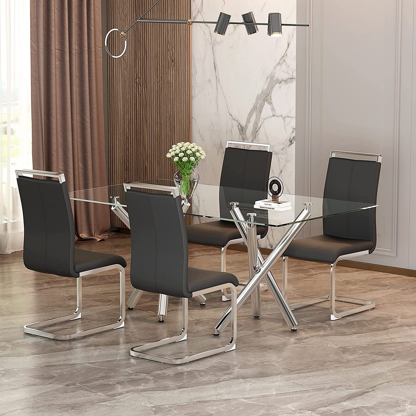 Black Metal Dining Chairs Set of 4 with Faux Leather Padded Seat-3