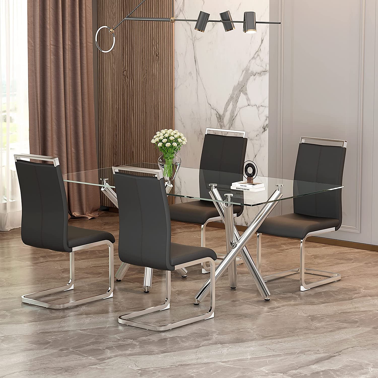 Black Metal Dining Chairs Set of 4 with Faux Leather Padded Seat-3
