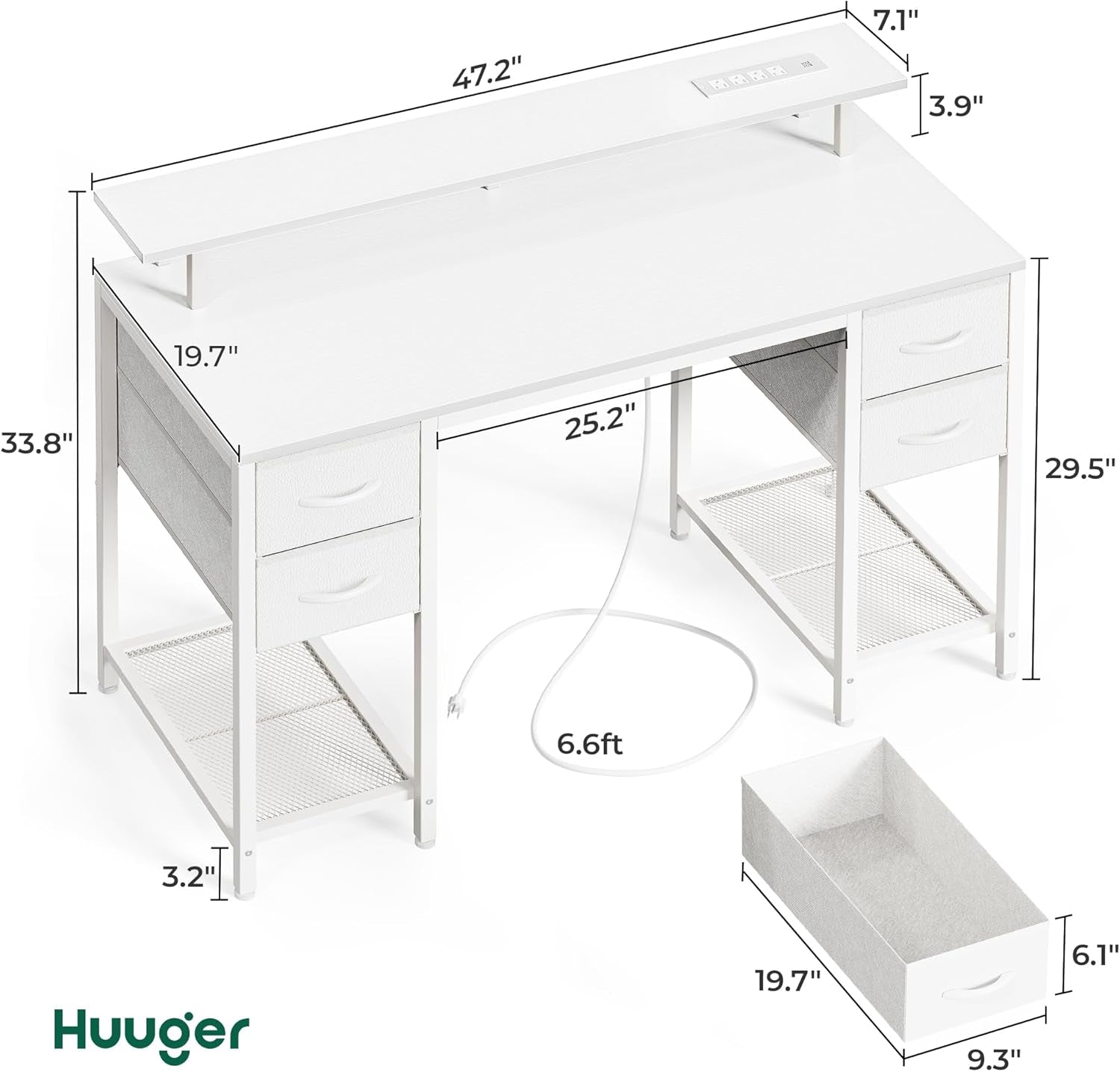 47 Inch Computer Desk with 4 Drawers, Gaming Desk with LED Lights & Power Outlets, Home Office Desk with Large Storage Space for Bedroom, Work from Home, White-1