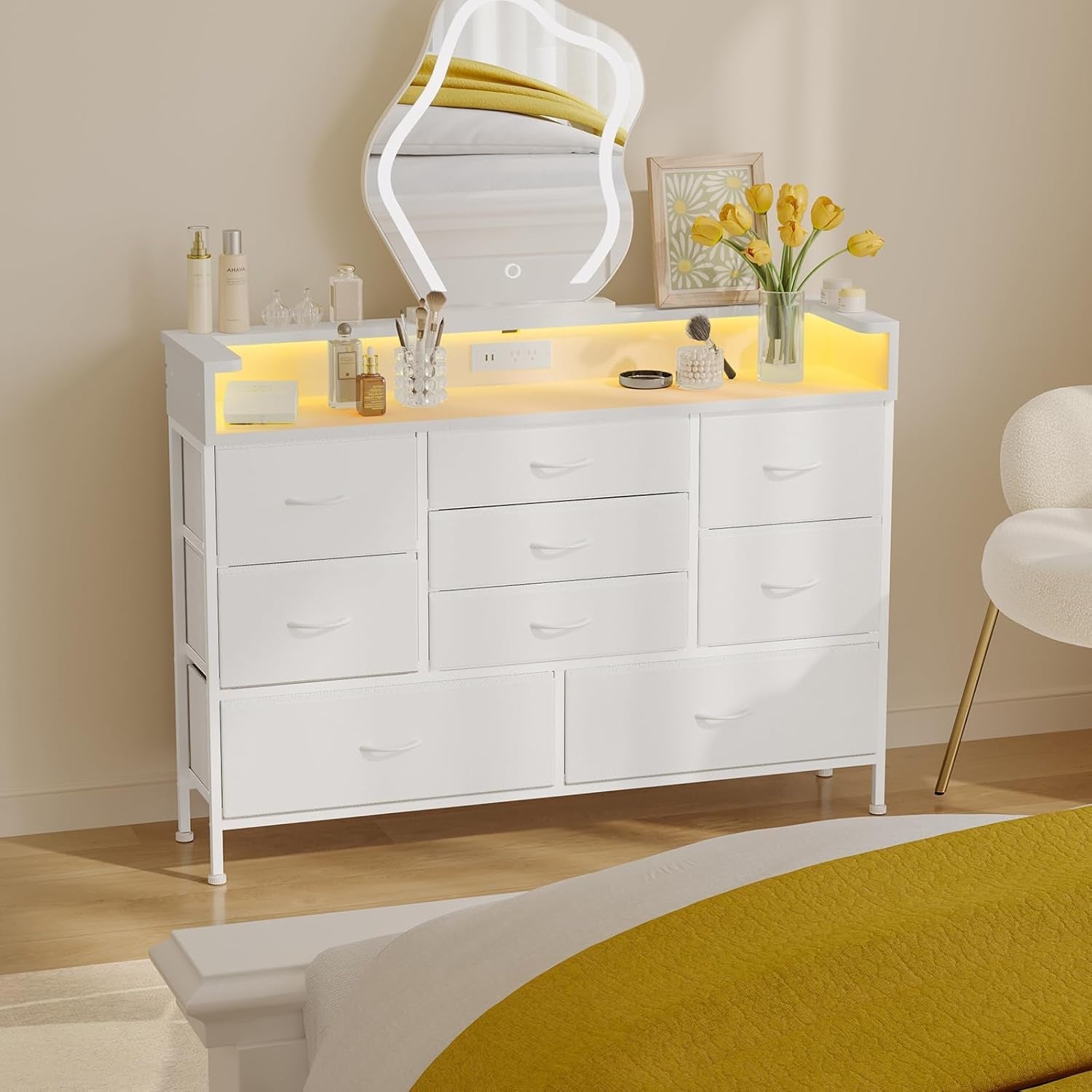 White LED Dresser with 9 Drawers and Charging Station-3
