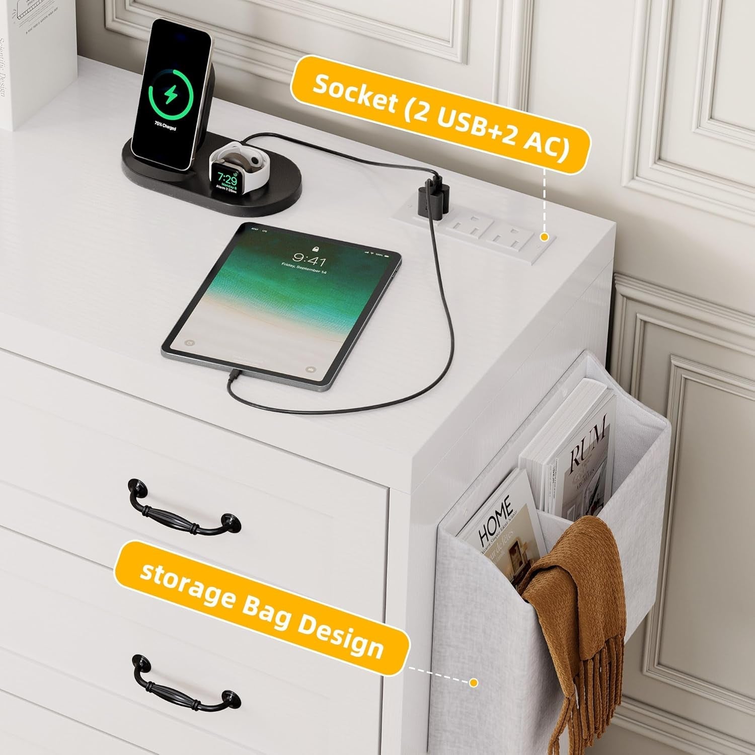 Farmhouse 6 Drawer Dresser for Bedroom, 60 Inch Large Modern Dresser TV Stand with Drawers & Bar Handles, Storage Dressers with Power Outlets, Rustic Wood Chest of Drawers, White-4