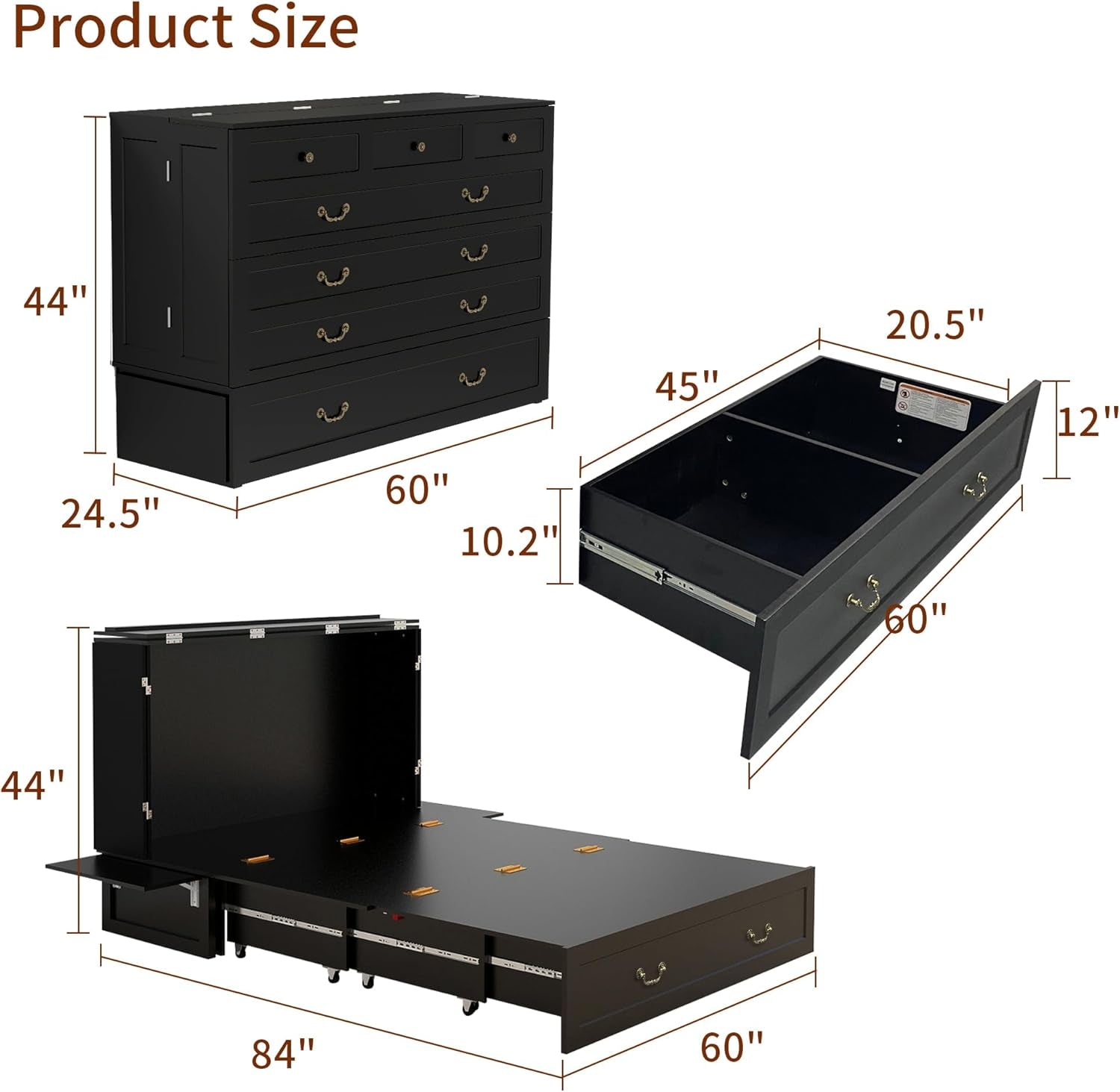 Queen Murphy Bed Cabinet with Charging Station and Drawers-2
