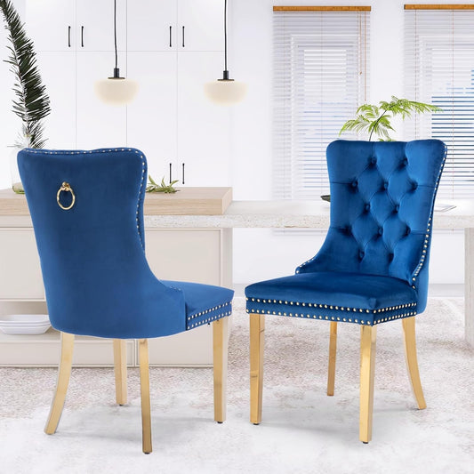 Velvet Dining Chair Set of 2, Upholstered Tufted Dining Room Chair with Nailhead Trim and Stainless Steel Gold Plated Leg for Kitchen, Blue-0