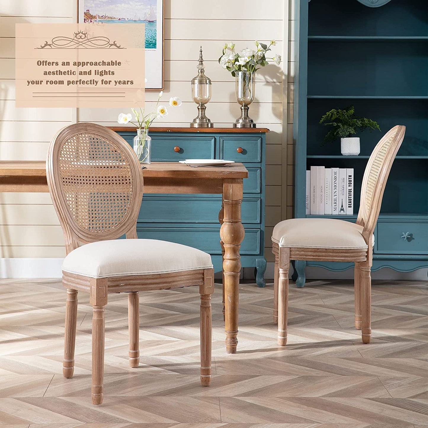 French Country Dining Chairs Set of 4, Farmhouse Fabric Chairs with round Back, Rattan Dining Chair, Oval Side Chairs for Dining Room/Living Room/Kitchen/Restaurant-1