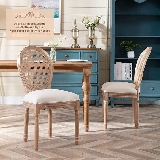 French Country Dining Chairs Set of 4, Farmhouse Fabric Chairs with round Back, Rattan Dining Chair, Oval Side Chairs for Dining Room/Living Room/Kitchen/Restaurant-1