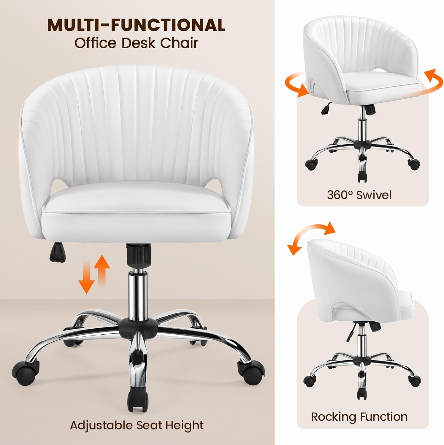 Home Office Chair, Faux Leather Desk Chair, Modern Swivel Chair with Tufted Barrel Back, Rolling Wheels for Office,Study, Vanity, Bedroom White-2