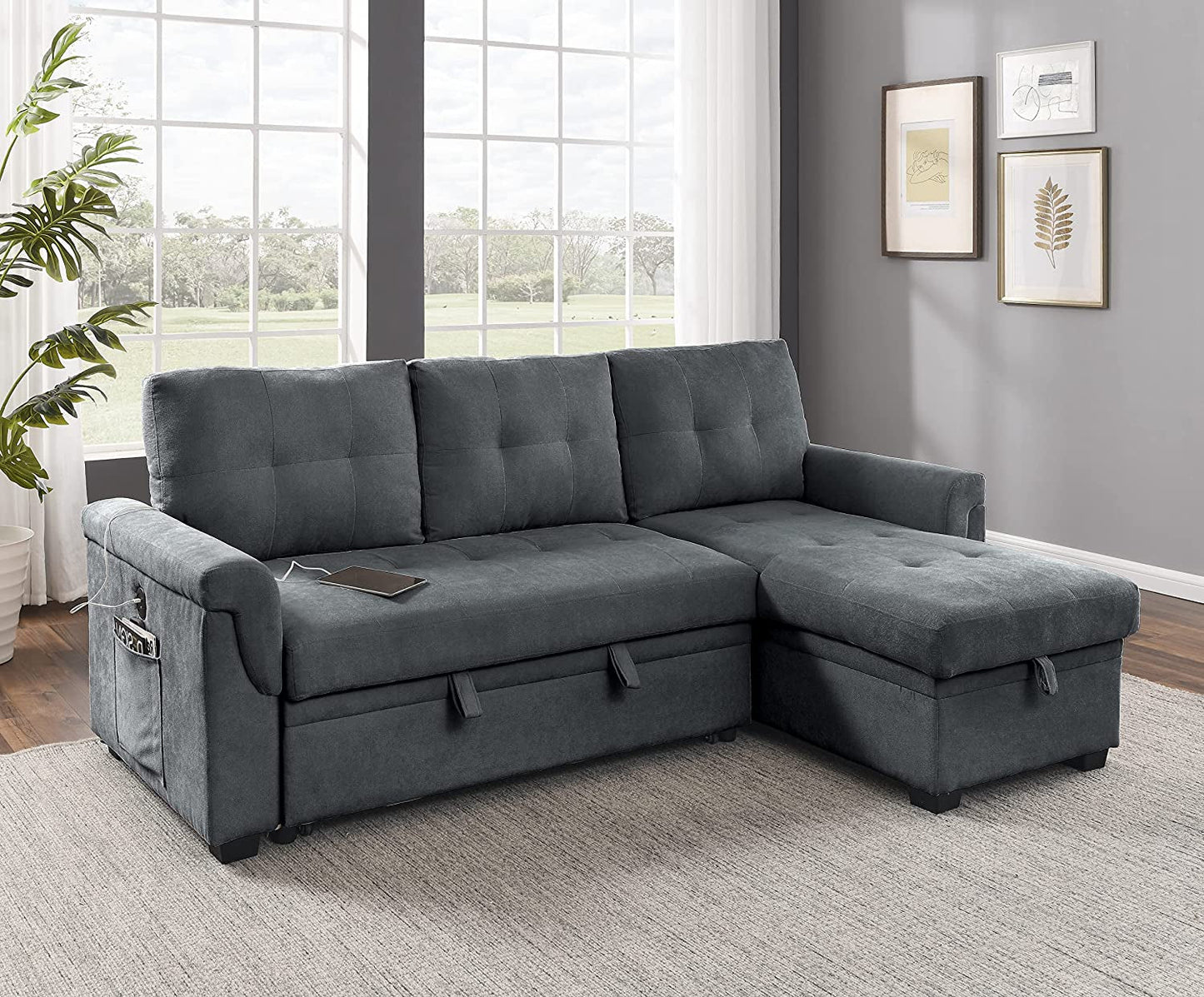 Gray Sectional Sofabed with USB Ports, Full XL-2