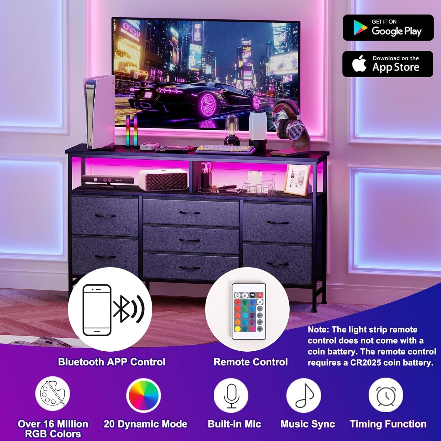 Black Dresser for Bedroom with Power Outlets and LED Lights, 55 Inch Drawer TV Stand with 7 Fabric Drawers, TV Stand for Bedroom up to 65 Inch TV, Chests of Drawers for Bedroom Black-4