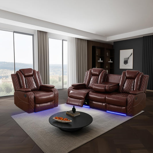 Power Brown Leather Reclining Sofa Set with LED Light for Living Room Set，Theater Seat Recliner Chair and 3 Seats Double Recliner Sofa with Drop-Down Table/Read Light/Wireless Charge/Usb Port-0