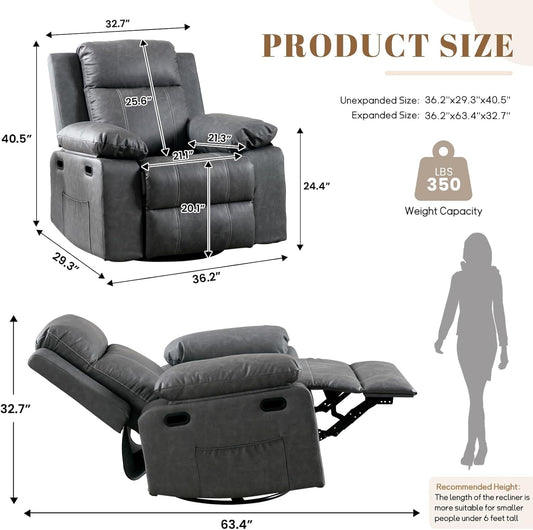 Recliner Chair, 360 Degree Swivel Rocking Chair with Massage and Heat, Adjustable Glider Rocker Reclining Chair with Remote Control and Side Pocket for Living Room, Bedroom, Lounge, Grey-1