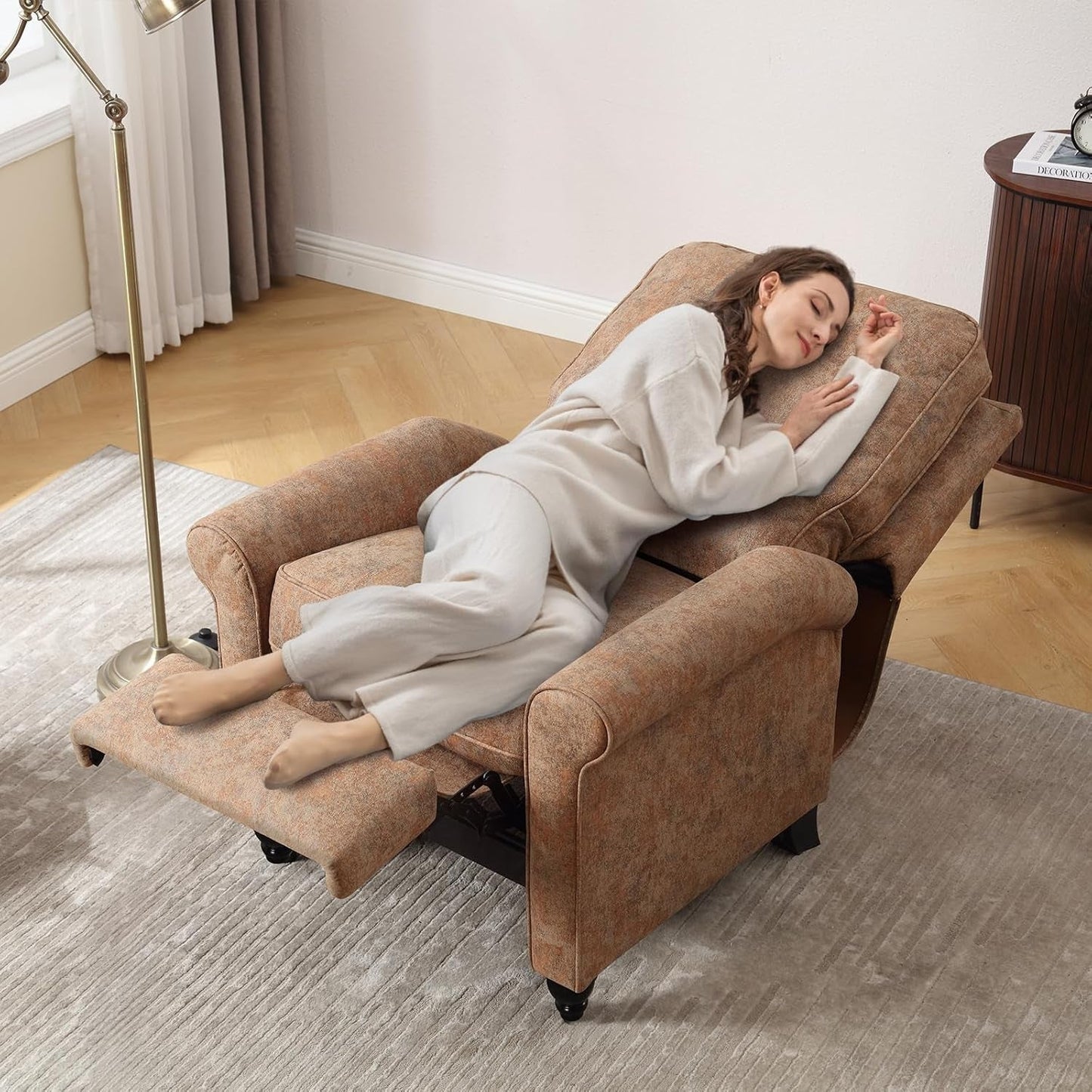 Push Back Recliner Chair, Textured Fabric Overstuffed Wingback Recliner, Adjustable Pushback Chair with Padded Seat and Back, Single Reclining Sofa for Living Room, Bedroom(Retro Brown)-4