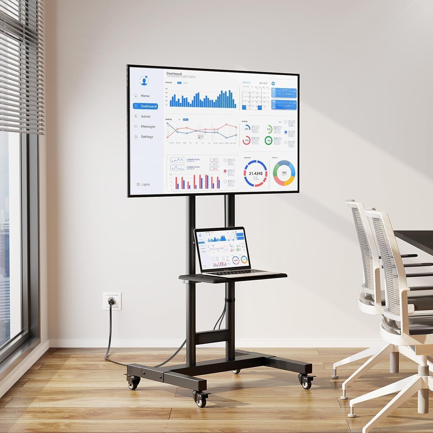 TV Stand with Power Outlet, Mobile TV Cart on Wheels for 32-85 Inch LED LCD Flat Curved Panel Screen Tvs, up to 132Lbs, Height Adjustable Rolling TV Stand with AV Shelf, Max VESA 600X400Mm-3